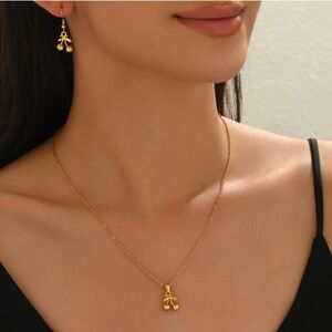 Lxalry 18K Gold Plated Stainless Steel Cherry Pendant Necklace And Earrings Set
